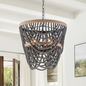 Chandelierias - Boho 3 - Light Tiered Hem Rope Distressed Gray Wood Beads Chandelier - Chandeliers - Black - 