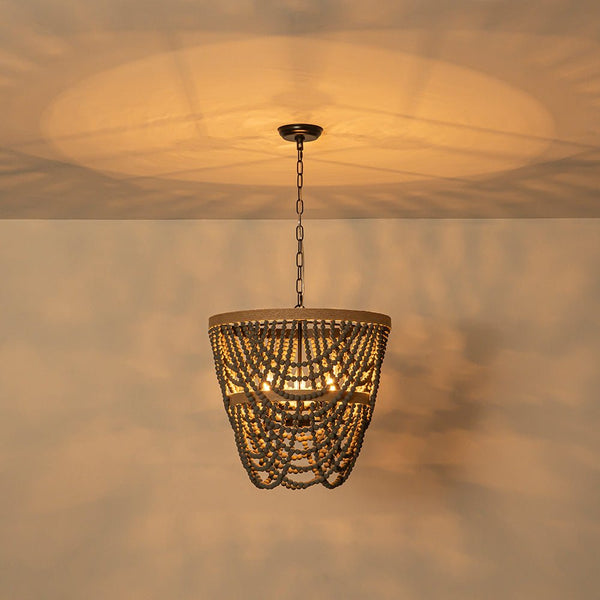 Chandelierias - Boho 3 - Light Tiered Hem Rope Distressed Gray Wood Beads Chandelier - Chandeliers - Black - 