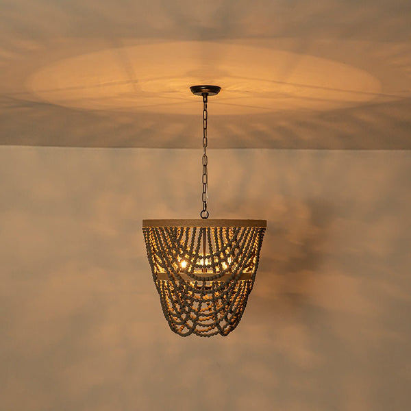 Chandelierias - Boho 3 - Light Tiered Hem Rope Distressed Gray Wood Beads Chandelier - Chandeliers - Black - 