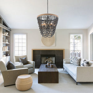 Chandelierias - Boho 3 - Light Tiered Hem Rope Distressed Gray Wood Beads Chandelier - Chandeliers - Black - 