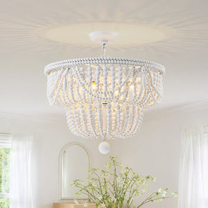 Chandelierias - Boho Glam 4 - Light Tiered Distressed White Wood Bead Chandelier - Chandeliers - White - 