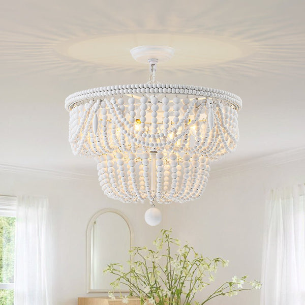 Chandelierias - Boho Glam 4 - Light Tiered Distressed White Wood Bead Chandelier - Chandeliers - White - 