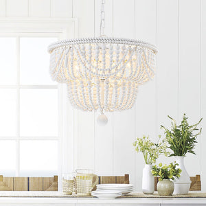 Chandelierias - Boho Glam 4 - Light Tiered Distressed White Wood Bead Chandelier - Chandeliers - White - 