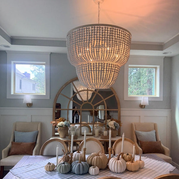 Chandelierias-Boho-style Dual-tier Cascading Washed White Wood Beads Chandelier-Chandeliers-Rustic White-
