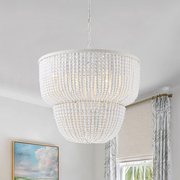 Chandelierias - Boho - style Dual - tier Cascading Washed White Wood Beads Chandelier - Chandeliers - Rustic White - 