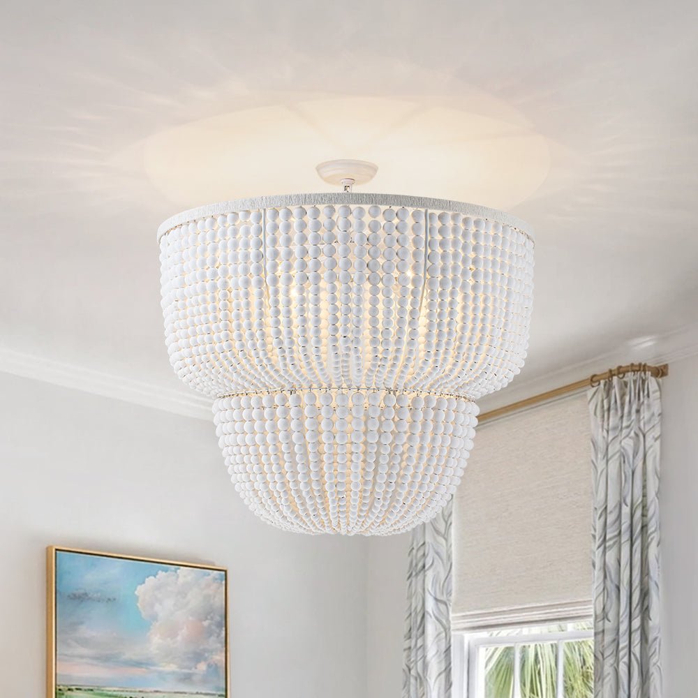 Chandelierias - Boho - style Dual - tier Cascading Washed White Wood Beads Chandelier - Chandeliers - Rustic White - 