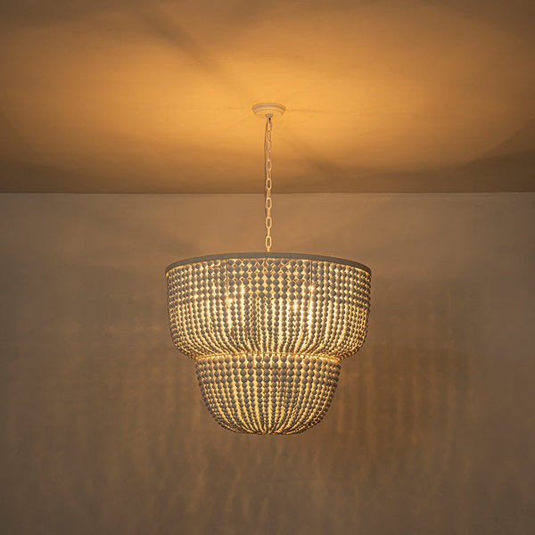 Chandelierias - Boho - style Dual - tier Cascading Washed White Wood Beads Chandelier - Chandeliers - Rustic White - 