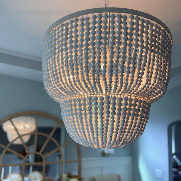 Chandelierias-Boho-style Dual-tier Cascading Washed White Wood Beads Chandelier-Chandeliers-Rustic White-