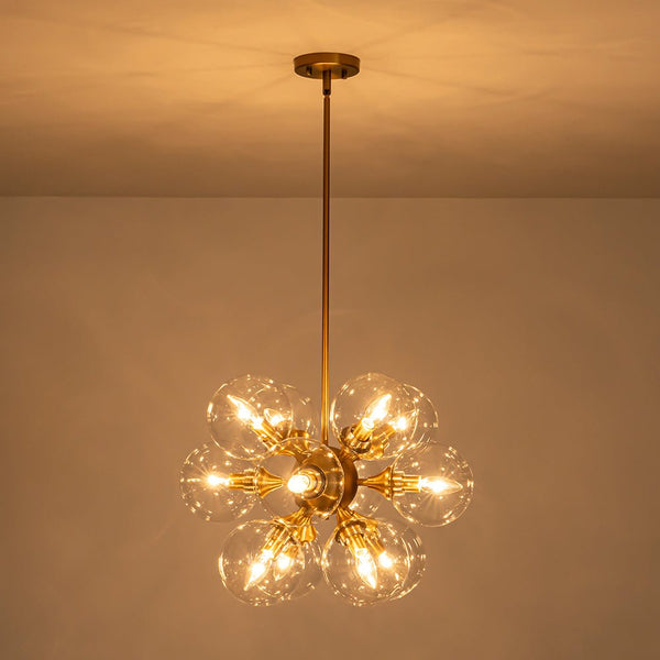 Chandelierias - Bold Mid - century 12 - Light Clear Glass Blooming Dandelion Sphere Chandelier - Chandeliers - Brass - 