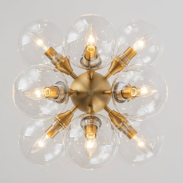 Chandelierias - Bold Mid - century 12 - Light Clear Glass Blooming Dandelion Sphere Chandelier - Chandeliers - Brass - 