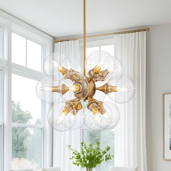 Chandelierias - Bold Mid - century 12 - Light Clear Glass Blooming Dandelion Sphere Chandelier - Chandeliers - Brass - 