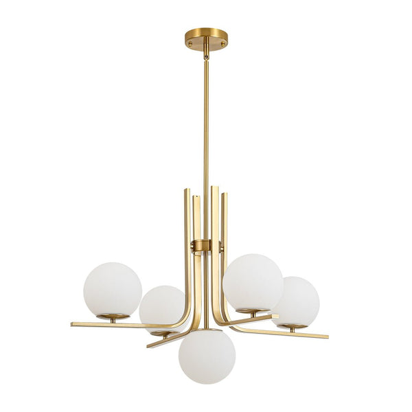 Chandelierias - Bold Modern 5 - Light Matte White Glass Globe Chandelier - Chandeliers - Brass - 