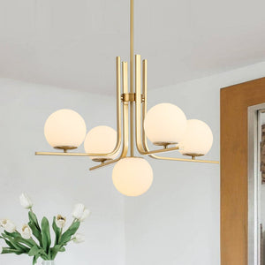 Chandelierias - Bold Modern 5 - Light Matte White Glass Globe Chandelier - Chandeliers - Brass - 