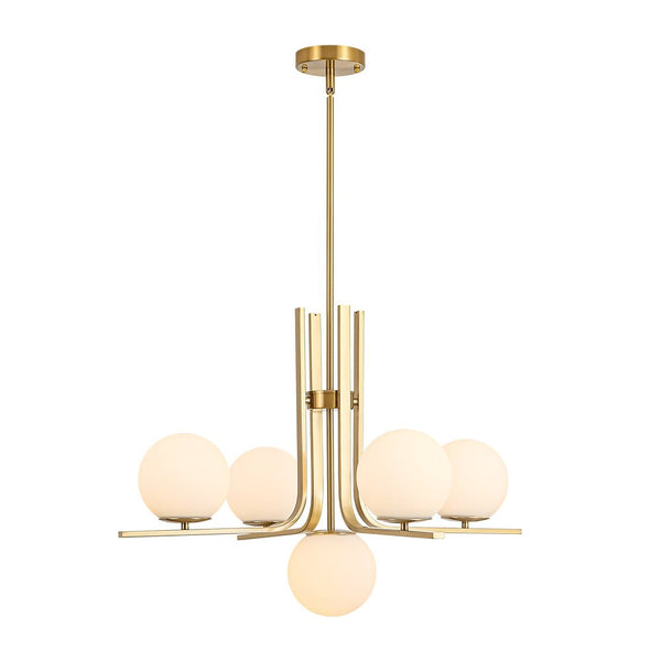 Chandelierias - Bold Modern 5 - Light Matte White Glass Globe Chandelier - Chandeliers - Brass - 
