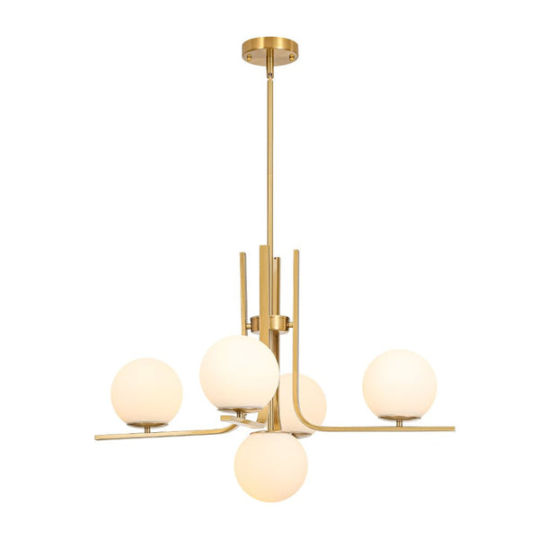Chandelierias - Bold Modern 5 - Light Matte White Glass Globe Chandelier - Chandeliers - Brass - 