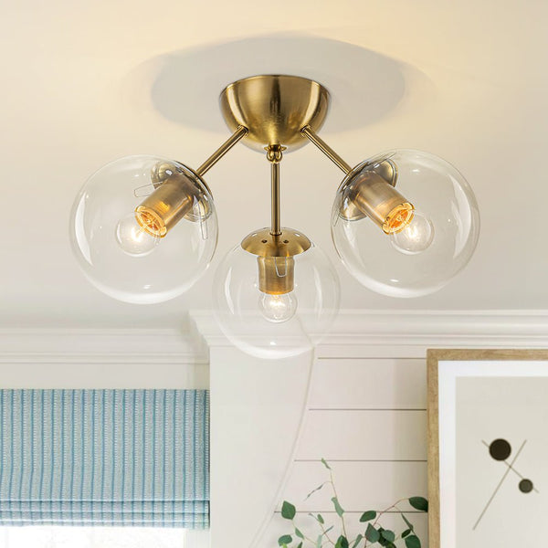 Chandelierias - Brass 3 - Light Sputnik Glass Globe Semi - flush Mount - Semi Flush - Clear - 