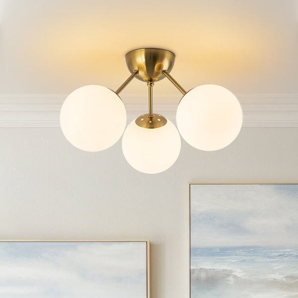 Chandelierias - Brass 3 - Light Sputnik Glass Globe Semi - flush Mount - Semi Flush - Frosted White - 