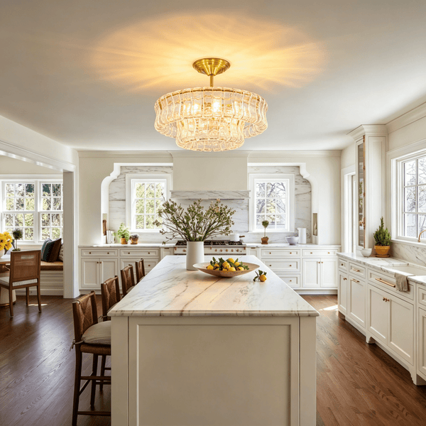 Chandelierias-Brass 6-Light Rippled Glass Tiered Semi-Flush Mount-Semi Flush-Brass-