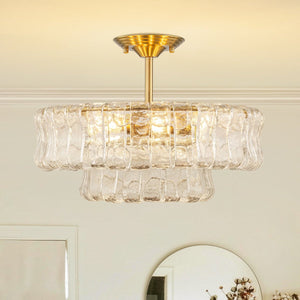 Chandelierias-Brass 6-Light Rippled Glass Tiered Semi-Flush Mount-Semi Flush-Brass-