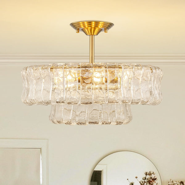 Chandelierias-Brass 6-Light Rippled Glass Tiered Semi-Flush Mount-Semi Flush-Brass-