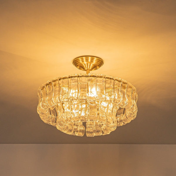 Chandelierias-Brass 6-Light Rippled Glass Tiered Semi-Flush Mount-Semi Flush-Brass-