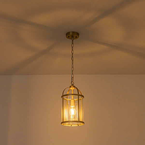 Chandelierias-Brass Mini Lantern Clear Glass Cylinder Single Pendant-Pendants-Brass-
