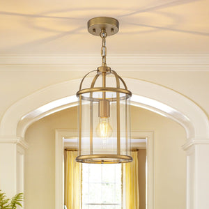 Chandelierias-Brass Mini Lantern Clear Glass Cylinder Single Pendant-Pendants-Brass-