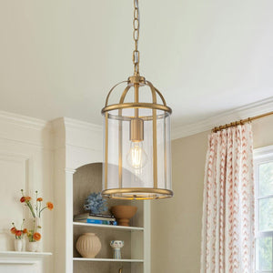 Chandelierias-Brass Mini Lantern Clear Glass Cylinder Single Pendant-Pendants-Brass-