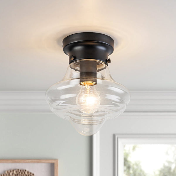Chandelierias - Classic 1 - Light Sculptural Clear School Glass Flush Mount - Flush Mount - Matte Black - 