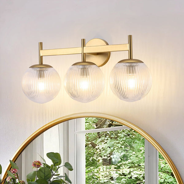 Chandelierias - Classic Glam 3 - Light Ribbed Glass Linear Vanity Light - Wall Light - Brushed Brass - 