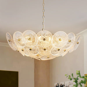 Chandelierias-Clear 9-Light Lotus Leaf Glass Floral Chandelier-Chandeliers-Brass-