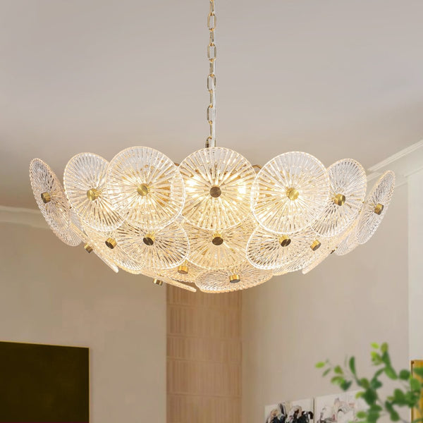 Chandelierias-Clear 9-Light Lotus Leaf Glass Floral Chandelier-Chandeliers-Brass-
