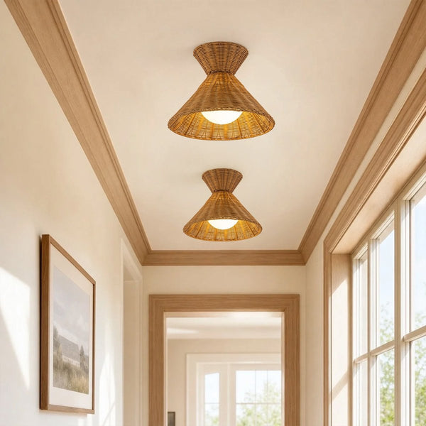 Chandelierias-Coastal 1-Light Hourglass Shaped Rattan Flush Mount-Flush Mount-15.7 in-2-Pack