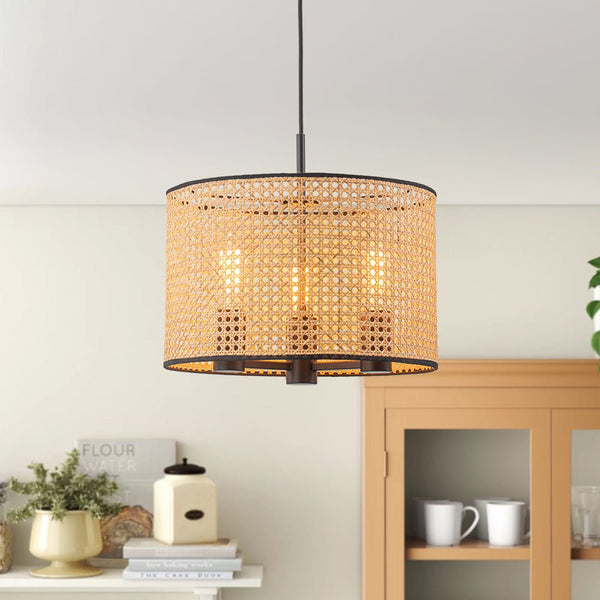 Chandelierias - Coastal Style Handmade Woven Rattan Drum Pendant - Pendant - 3 Bulbs - 