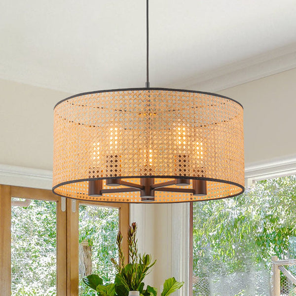 Chandelierias - Coastal Style Handmade Woven Rattan Drum Pendant - Pendant - 5 Bulbs - 