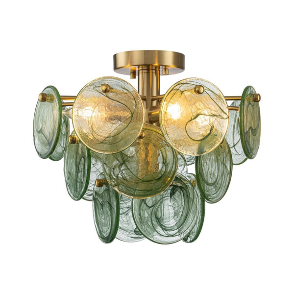 Chandelierias-Dark Green 4-Light Stire Glass Tiered Semi-Flush Mount-Semi Flush-Brass-