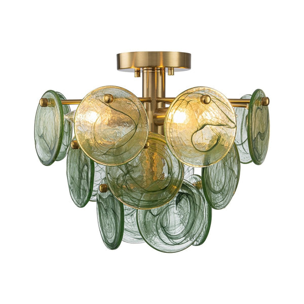Chandelierias-Dark Green 4-Light Stire Glass Tiered Semi-Flush Mount-Semi Flush-Brass-