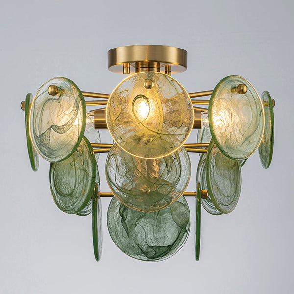 Chandelierias-Dark Green 4-Light Stire Glass Tiered Semi-Flush Mount-Semi Flush-Brass-