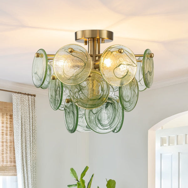 Chandelierias-Dark Green 4-Light Stire Glass Tiered Semi-Flush Mount-Semi Flush-Brass-