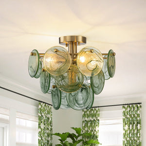 Chandelierias-Dark Green 4-Light Stire Glass Tiered Semi-Flush Mount-Semi Flush-Brass-