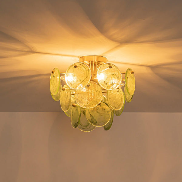 Chandelierias-Dark Green 4-Light Stire Glass Tiered Semi-Flush Mount-Semi Flush-Brass-