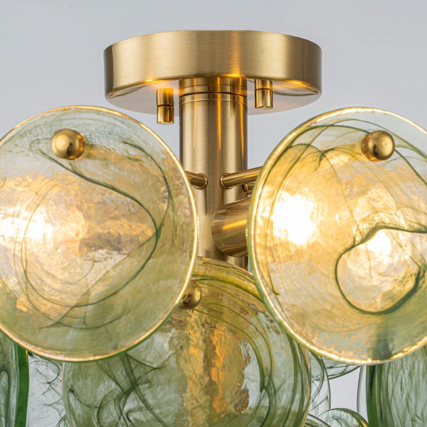 Chandelierias-Dark Green 4-Light Stire Glass Tiered Semi-Flush Mount-Semi Flush-Brass-