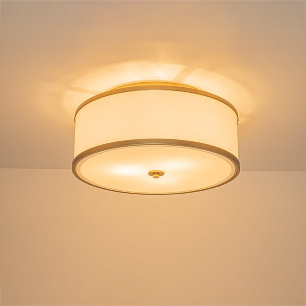 Chandelierias-Fabric Round Drum 3-Light Brass Semi-flush Mount Glass Diffuser-Semi Flush-Brass-