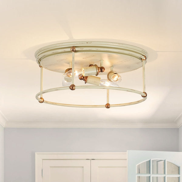 Chandelierias-Farmhouse 4-Light Distressed Round Cage Drum Flush Mount-Flush Mount-Distressed Cream-