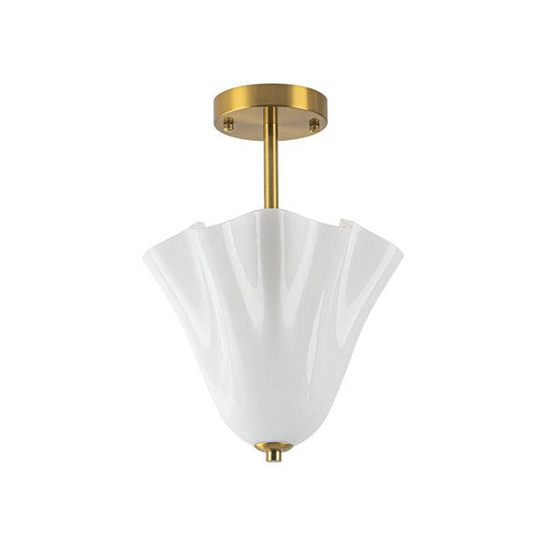 Chandelierias-Floral Fluted Brass 2-Light Milk Glass Semi-Flush Mount-Semi Flush-Brass-1-Pack
