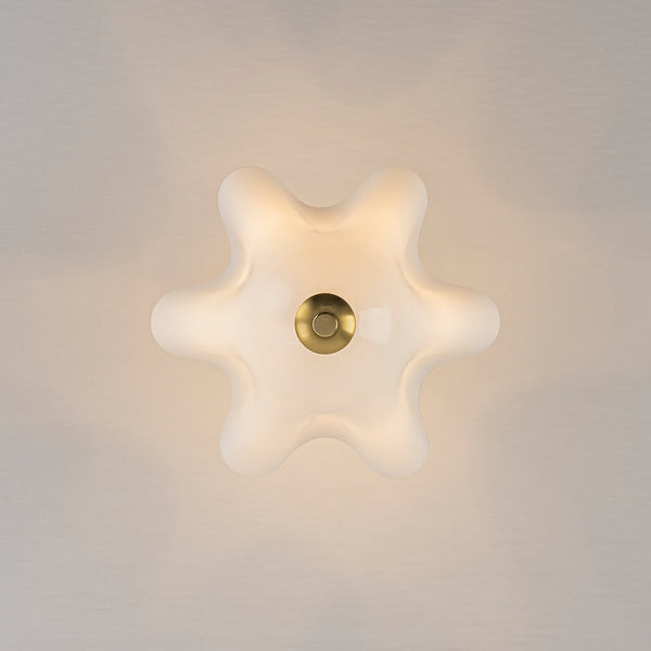 Chandelierias-Floral Fluted Brass 2-Light Milk Glass Semi-Flush Mount-Semi Flush-Brass-1-Pack