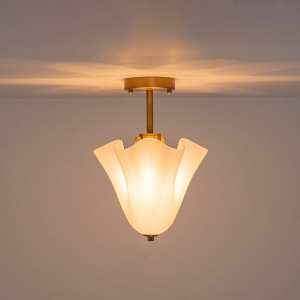 Chandelierias-Floral Fluted Brass 2-Light Milk Glass Semi-Flush Mount-Semi Flush-Brass-1-Pack