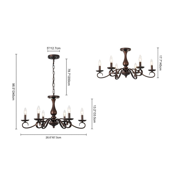 Chandelierias-French Country 6-Light Rubbed Bronze Candle-style Semi-flush Chandelier-Chandeliers-Oil-rubbed Bronze-