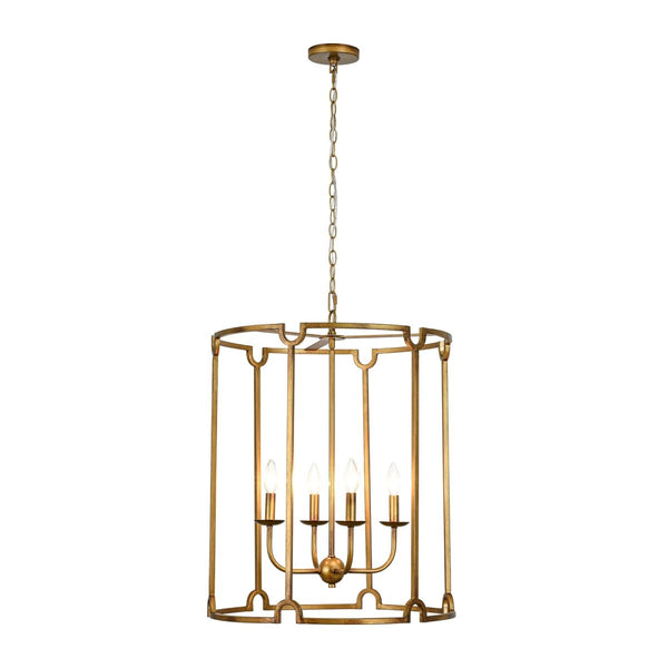 Chandelierias-French Vintage 4-Light Cylinder Framed Lantern Pendant-Chandeliers-Antique Gold-