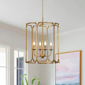Chandelierias-French Vintage 4-Light Cylinder Framed Lantern Pendant-Chandeliers-Antique Gold-